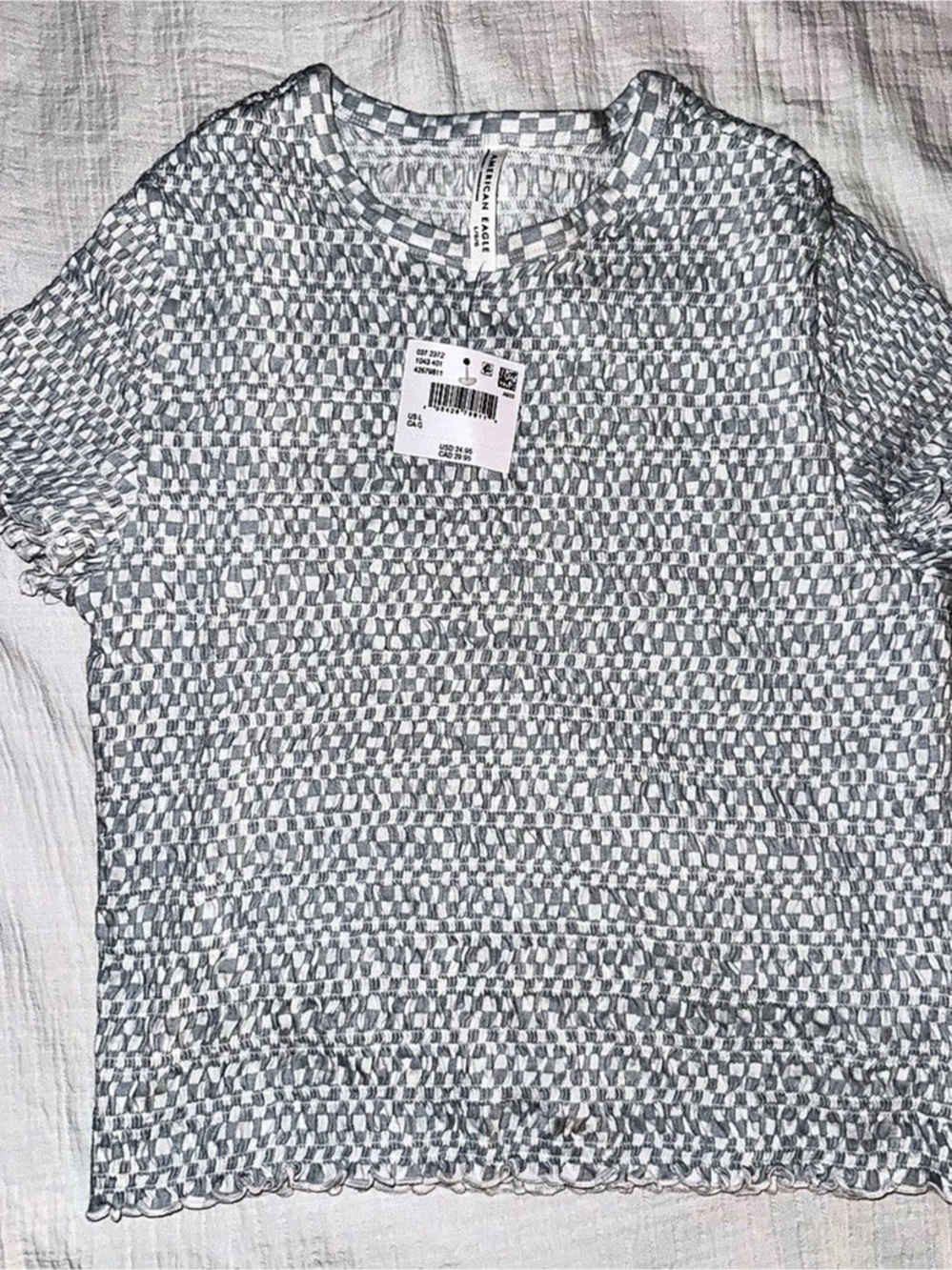American Eagle Checkered Short Sleeve Top in Light Blue & White